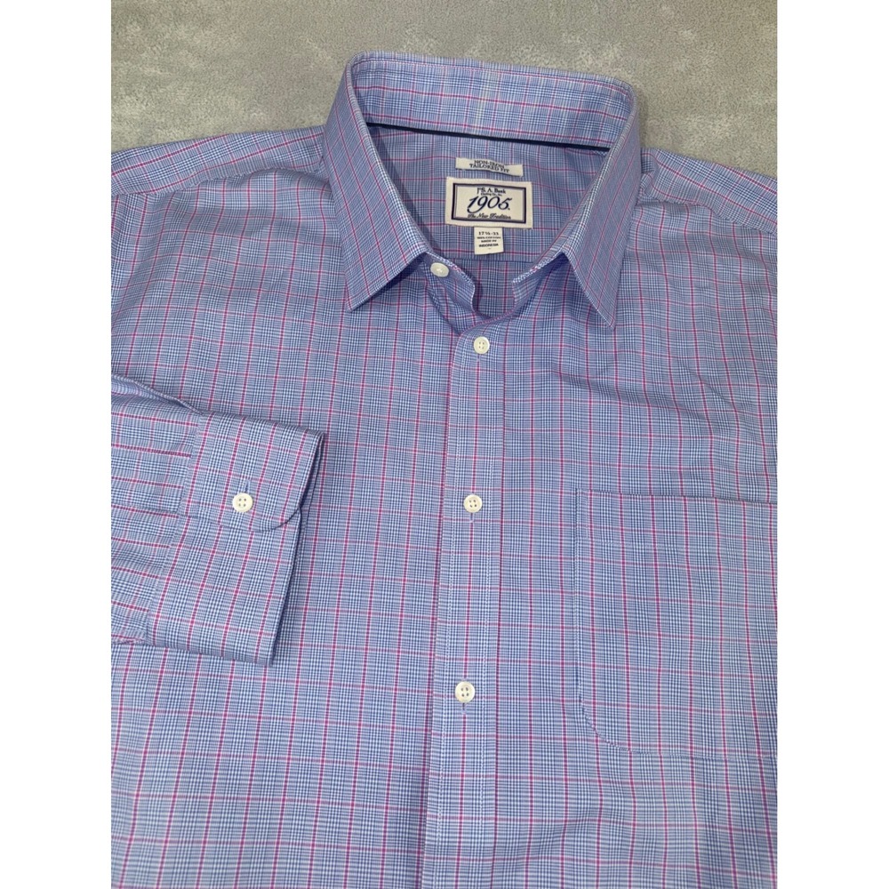 Jos A Bank 1905 Men's 17.5X33 Tailored Fit Dress Shirt Blue Pink Plaid Non-Iron